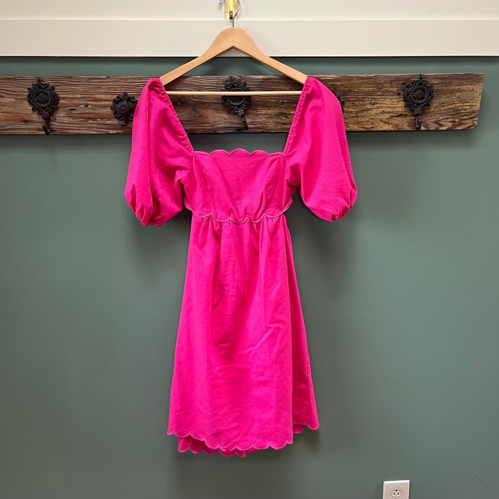 o.p.t‎ Hot Pink Scalloped Puff Sleeve Open Back Mini Dress Small Anthropologie